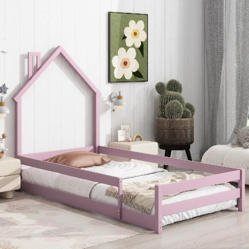 Pink Twin Size Wood Kids Floor Bed - House-shaped Headboard, Guardrails, Multiple Colors Available