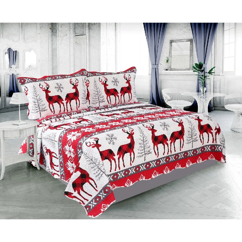 Printed Embossed Pinsonic Coverlet Bedspread Ultra Soft Bedspread Coverlet Christmas Quilt Set, Xmas Snowflake and Deer