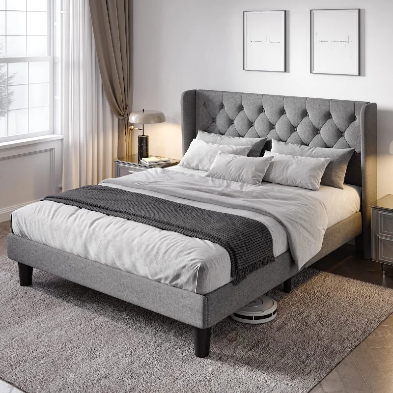 Queen Bed Frame with Button Tufted Wingback Headboard, Modern Upholstered Bed Frame with Slats Support - No Box Spring Needed