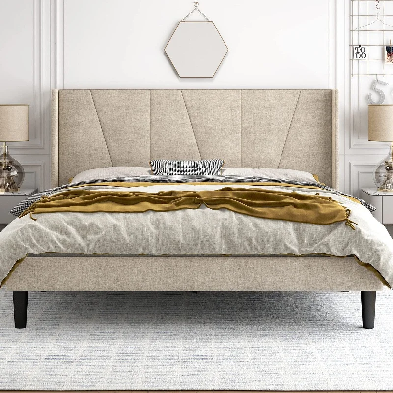 Queen Size Bed Frame with Geometric Wingback Headboard, Wooden Slats Support, No Box Spring Needed, Modern Style, Beige