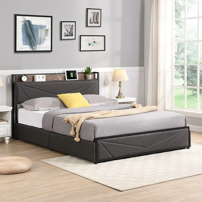 Queen-Size Platform Bed Frame, Four Storage Drawers and Headboard