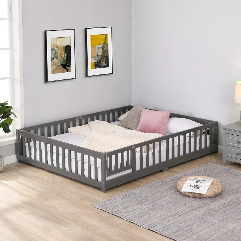 Queen Size Solid Wood Platform Bed Floor Bed with Door and Fence,Suitable for Children