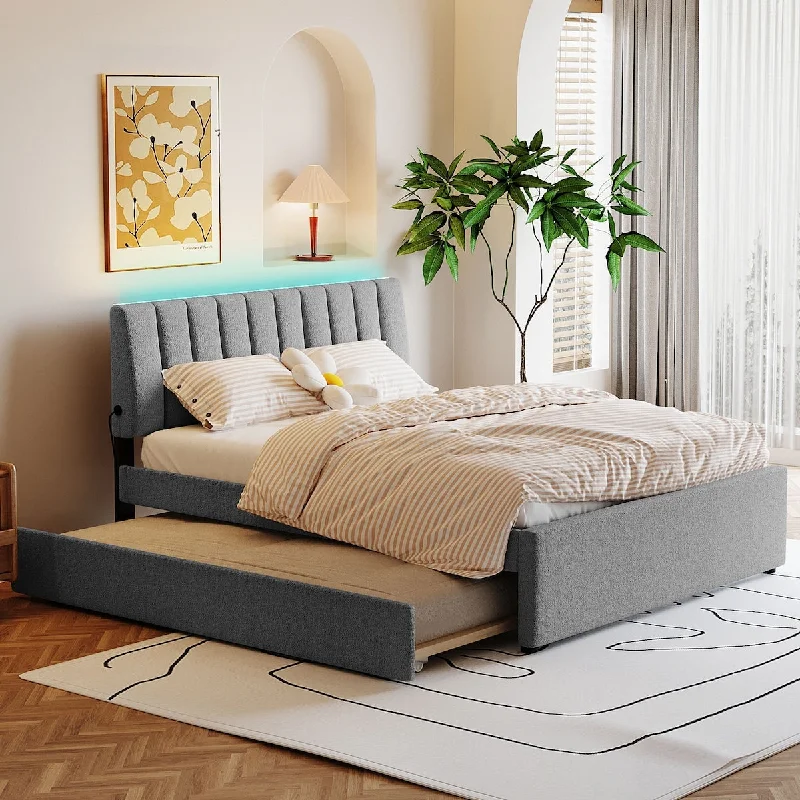 Queen Size Upholstered Platform Bed with Trundle and Smart LED Lighting