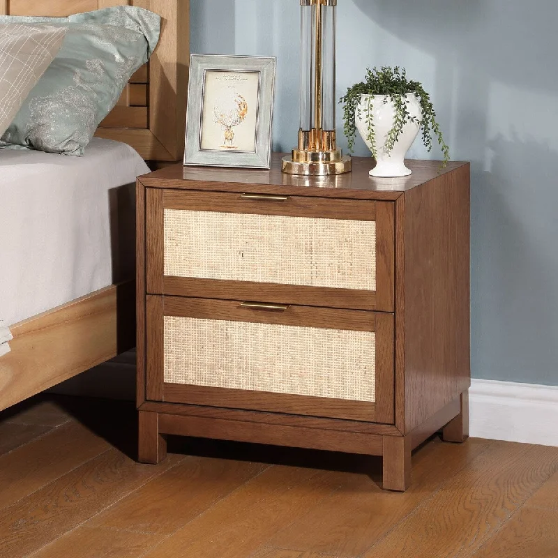 Rattan Side Table for Bedroom Living Room, Bedroom Storage Cabinet Bedside Table with 2 Rattan Decorative Drawers