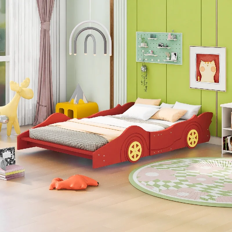 Red Full Size Plywood Platform Bed with Race Car Design