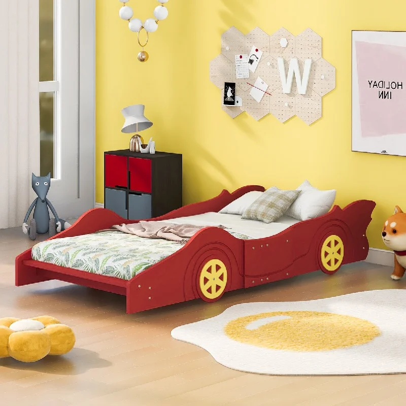 Red Twin Size Race Car-Shaped Platform Bed with Wheels - Eye-Catching Design, Sturdy Construction, Blue/Red/