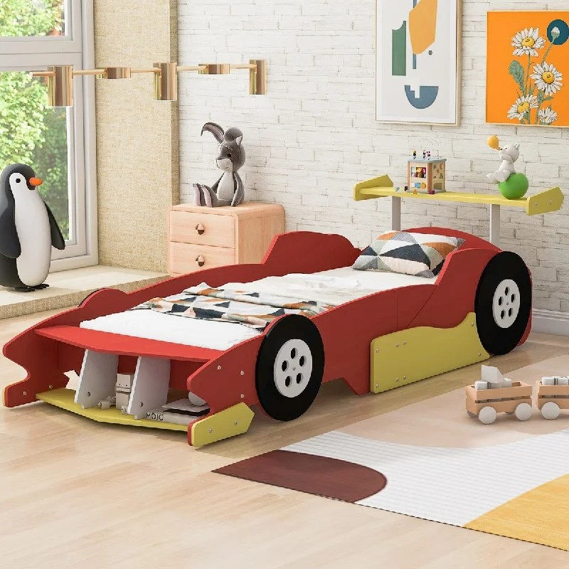 Red Twin Size Solid Wood Car Platform Bed, Perfect for Little Car Enthusiasts