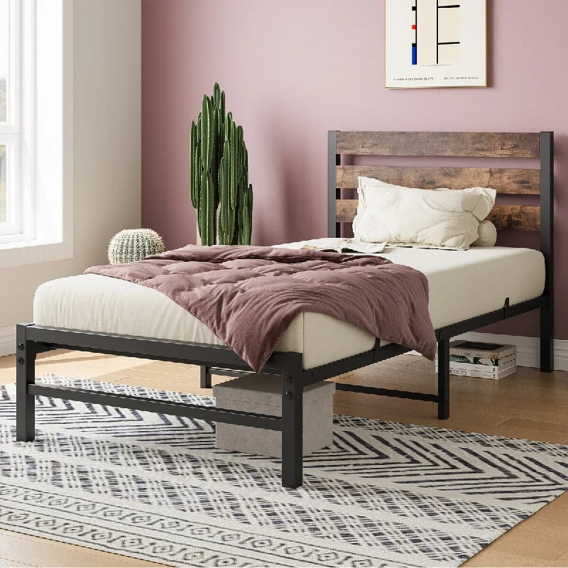 Rustic Brown Wood and Metal Twin Size Platform Bed Frame with Vintage Headboard, Strong Metal Slats Support