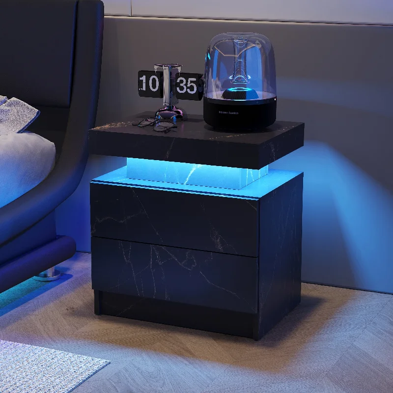 Simple Sofa Side Table Coffee Table for Bedroom Living Room Office, Bedroom Nightstand with Two Drawers and LED