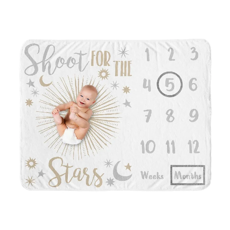 Star and Moon Boy or Girl Baby Monthly Milestone Blanket - Gold Grey For Celestial Sky Gender Neutral Unisex Shoot for the Stars