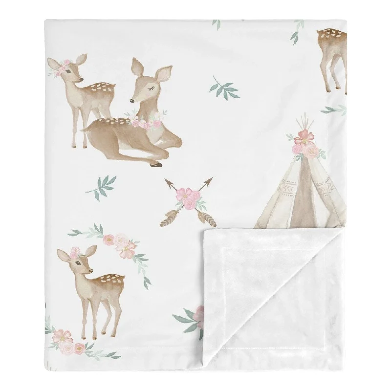 Sweet Jojo Designs Boho Watercolor Woodland Deer Floral Baby Receiving Security Swaddle Blanket - Blush Pink Mint Green White