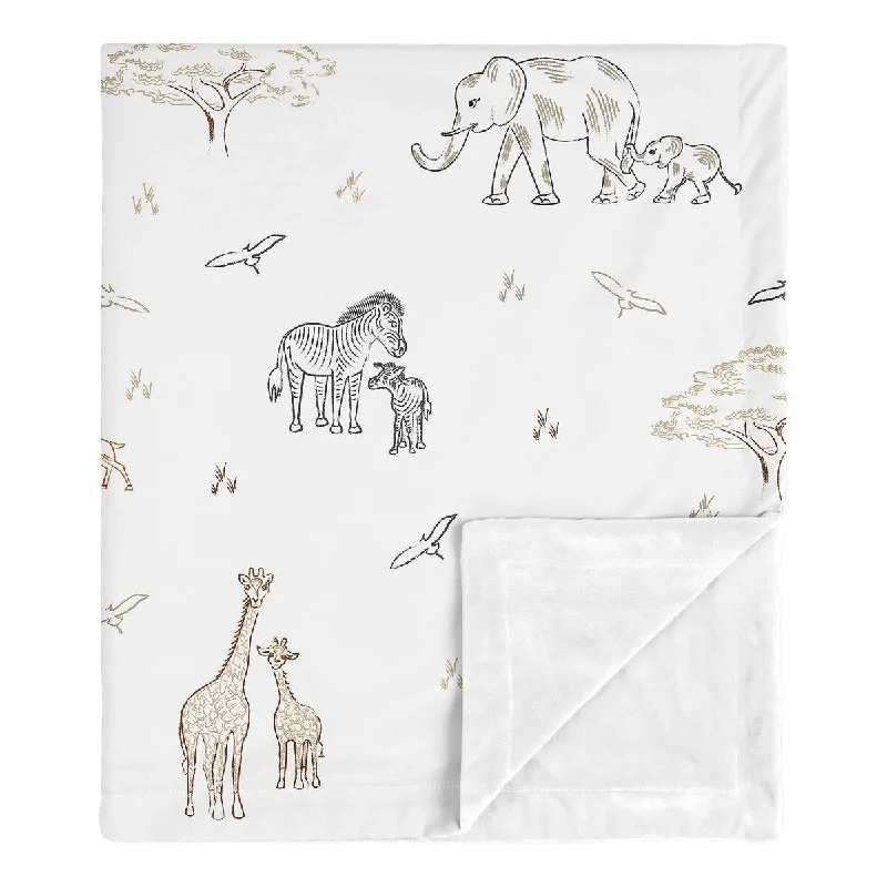 Sweet Jojo Designs Jungle Safari Animals Baby Receiving Security Swaddle Blanket Taupe Black and White Gender Neutral Elephant