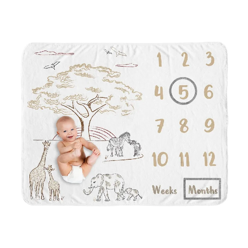 Sweet Jojo Designs Jungle Safari Animals Boy Girl Baby Monthly Milestone Blanket Taupe Black and White Gender Neutral Elephant