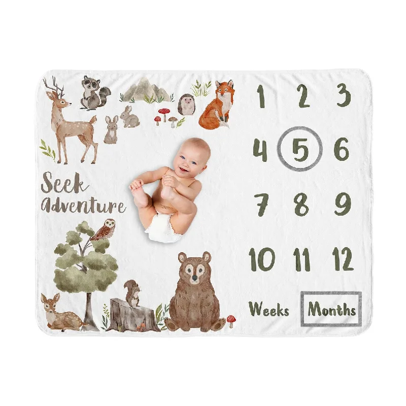 Sweet Jojo Designs Woodland Forest Animals Boy Girl Gender Neutral Unisex Baby Monthly Milestone Blanket Friends Bear Watercolor