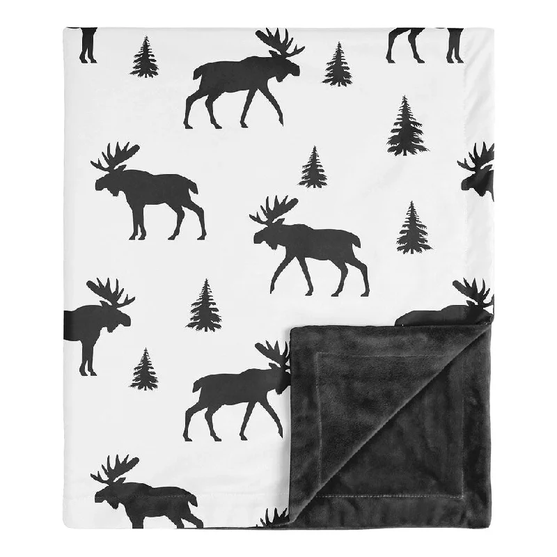 Sweet Jojo Designs Woodland Moose Rustic Patch Collection Boy Baby Receiving Security Swaddle Blanket - Black and White