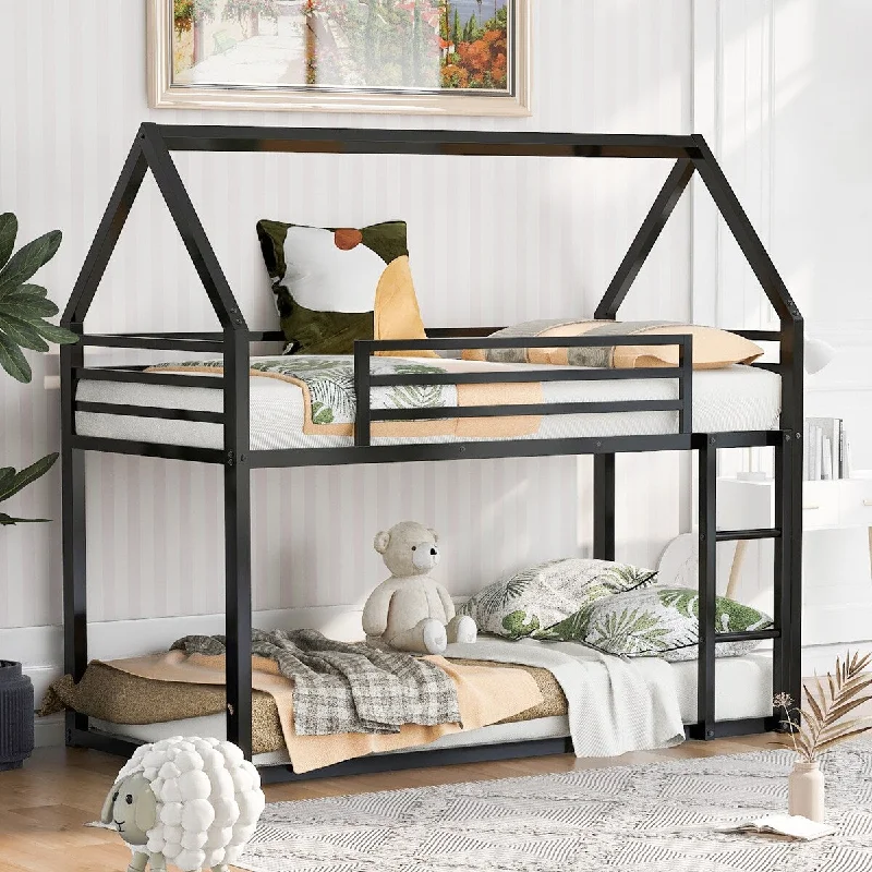 Timeless Design Twin over Twin House Bunk Bed Kids Bed with Built-in Ladder, Black