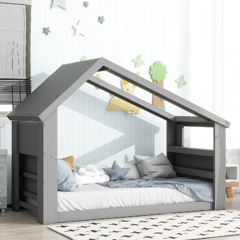 Twin House Floor Bed with Roof Window LED Light