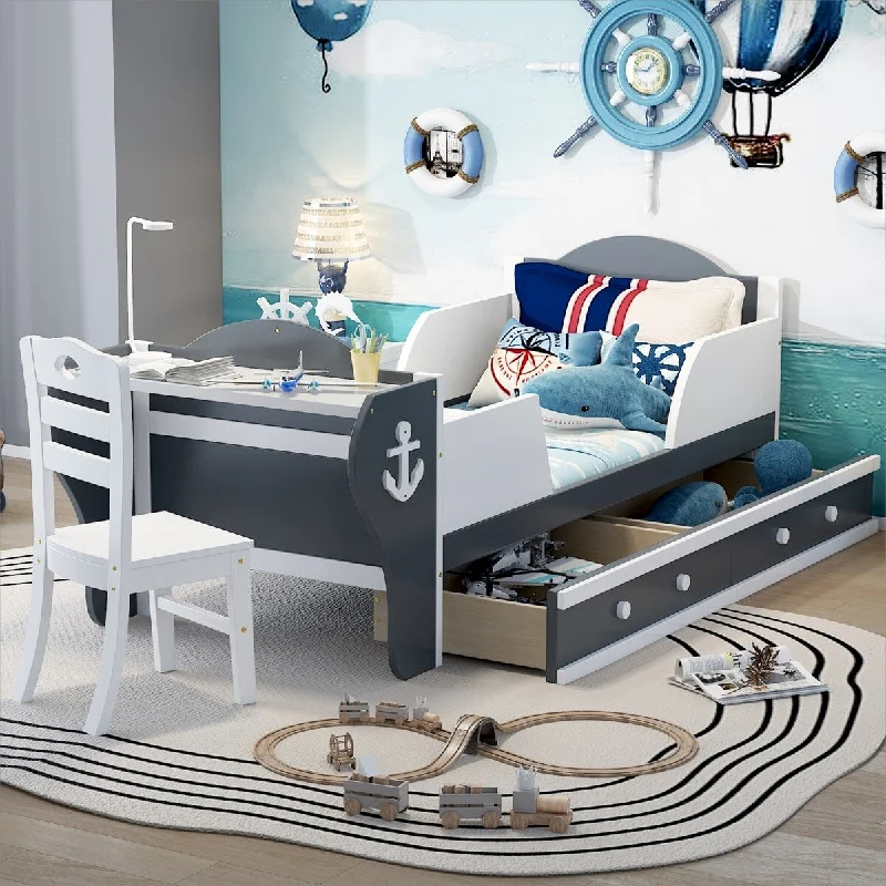 Twin Size Boat-Shaped Platform Bed with Desk, Chair, and Two Drawers - Eye-Catching Race Car Design, Convenient Study Space