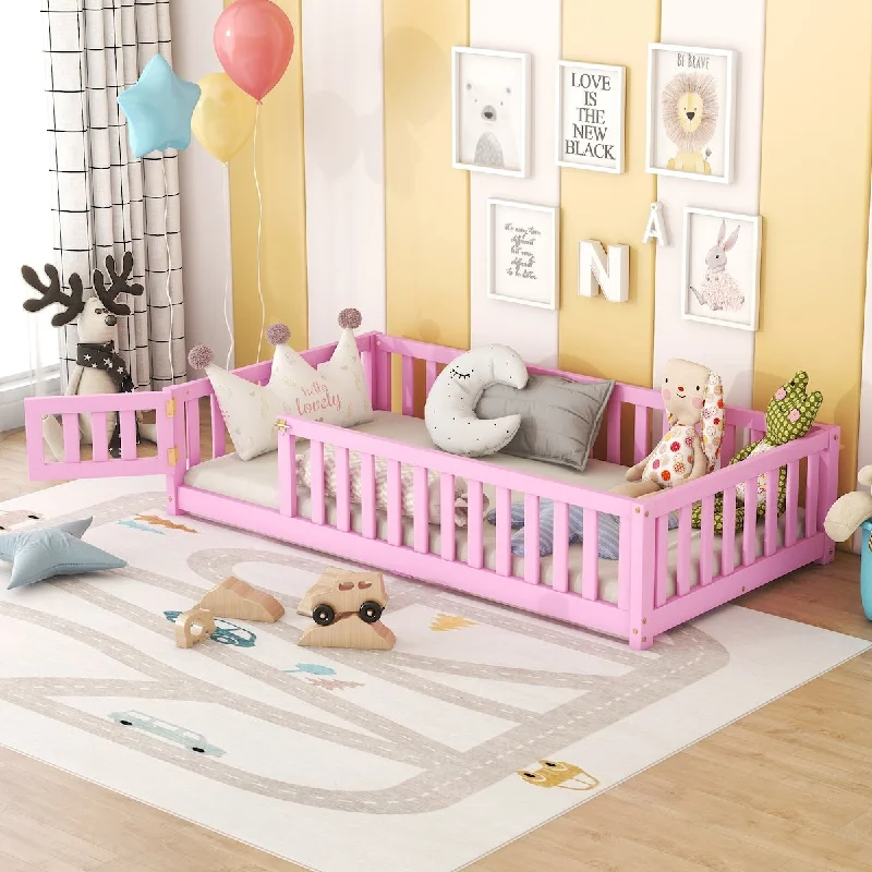 Twin Size Floor Bed with Safety Guardrails and Door for Kids