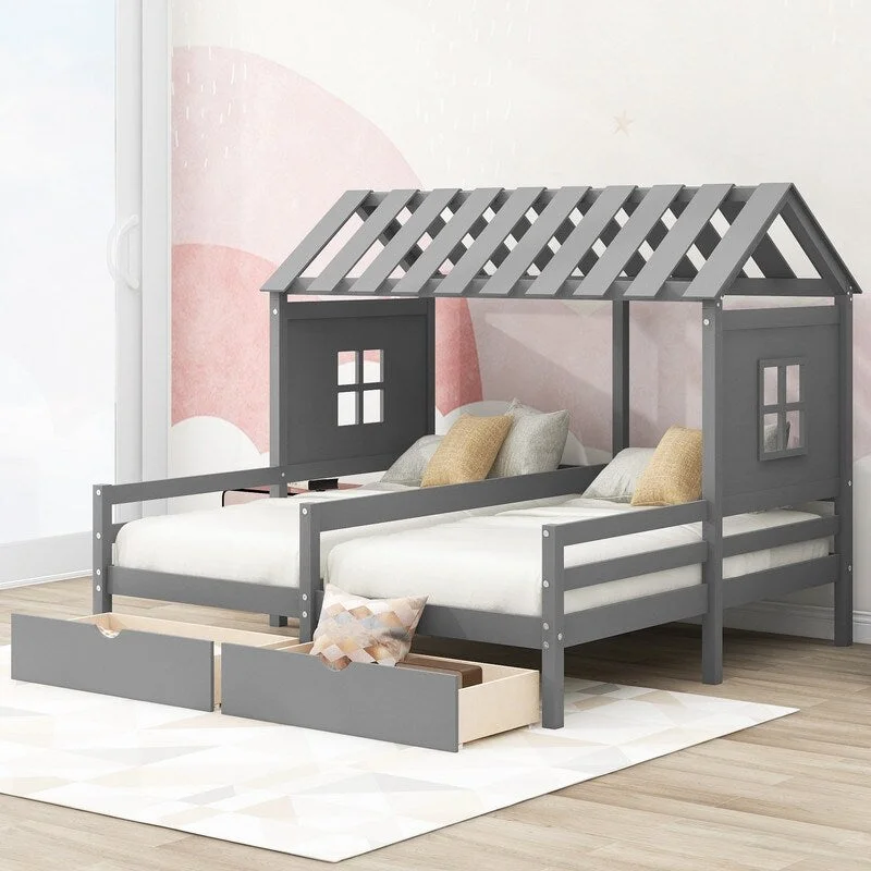 Twin Size House Platform Beds with Two Drawers for Boy and Girl Shared Beds, Combination of 2 Side by Side Twin Size Beds, Gray