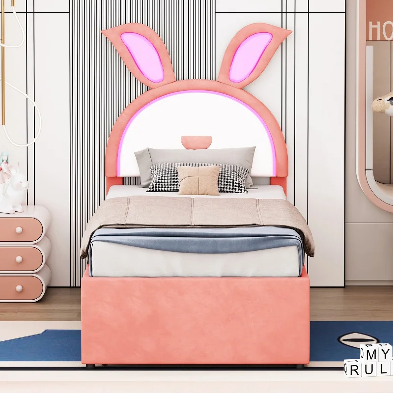 Twin Size Kids Bed with Trundle Rabbit-Shaped Headboard, Pink