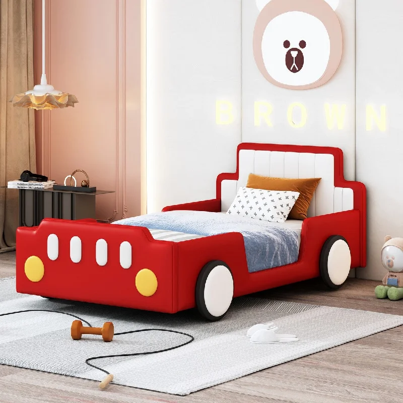 Unique design Wooden Twin Size Race Car-Shaped Kids Bed Platform Bed with Wheels, Red