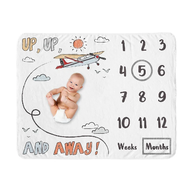 Vintage Airplane Boy Baby Monthly Milestone Blanket - Grey Yellow Orange Red White Blue Airplanes Air Plane Transportation Cloud