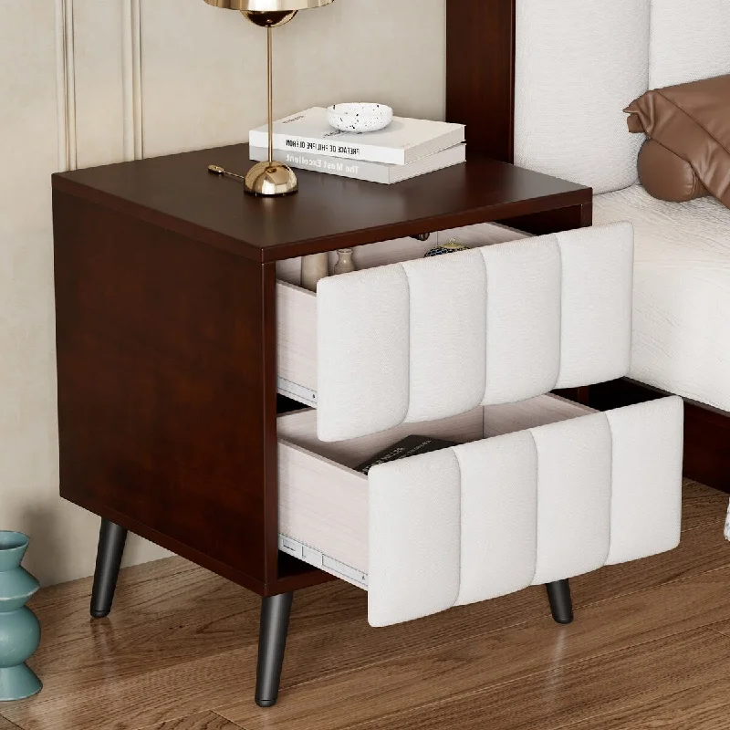 Walnut Bedroom Nightstand, Bedroom Side Table with 2 Drawers and Metal Legs, Living Room Storage Cabinet Coffee Table