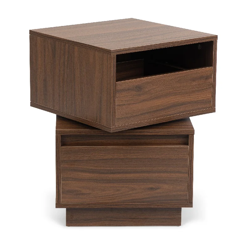 Walnut Rotatable Nightstand with 2 Drawers Modern Bedside Table