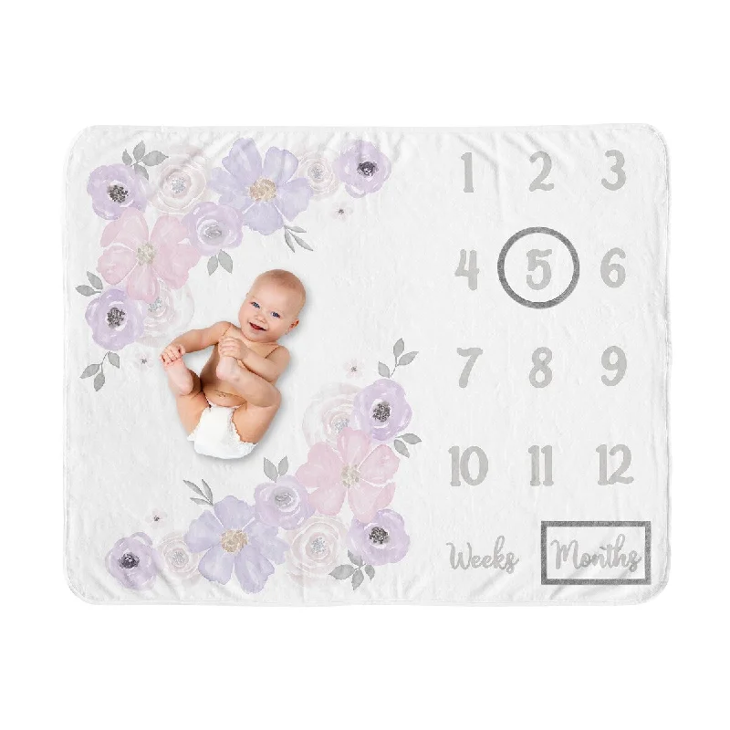 Watercolor Floral Collection Girl Baby Monthly Milestone Blanket - Lavender Purple, Pink and Grey Boho Shabby Chic Rose Flower