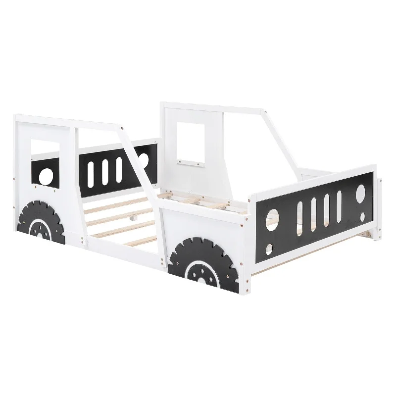 White Full Size Classic Car-Shaped Platform Bed with Wheels & Shelves