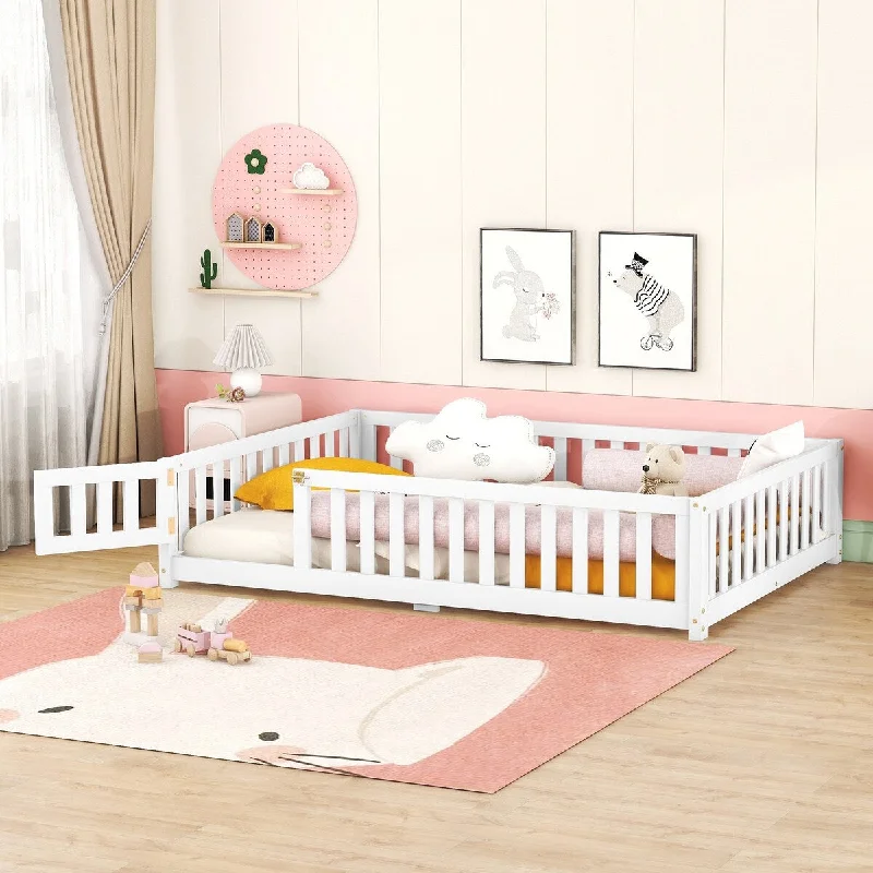 White Full Size Floor Bed for Kids with Guardrails and Door - Low Profile Design