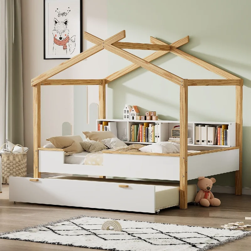 White Full Size House Bed with Natural Wood Frame, Trundle, and Bookshelf Storage