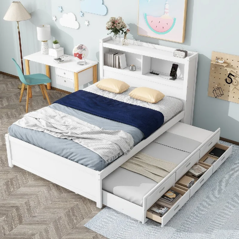 White Full Size Platform Bed with Trundle, Drawers, and USB Ports