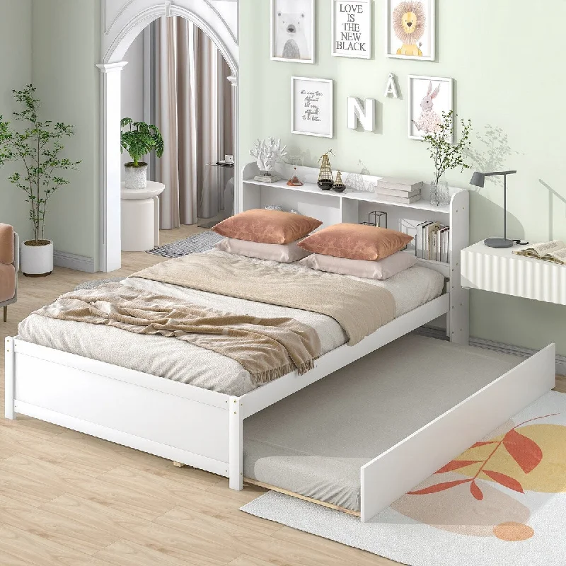 White Full Size Solid Wood Platform Bed with Twin Trundle and Storage Headboard