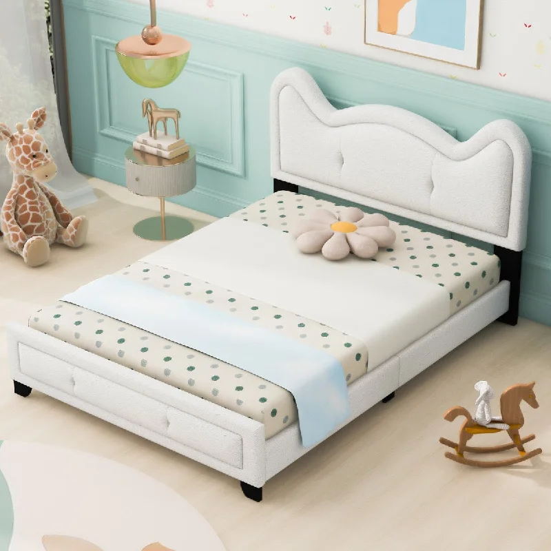 White Full Size Upholstered Platform Bed with Cartoon Ears Headboard