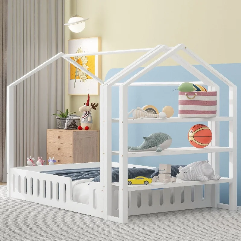 White Full Size Wooden House Bed with Fence and Detachable Storage Shelves - Natural Pine