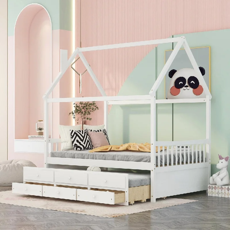 White Full Size Wooden House Bed with Trundle and Storage