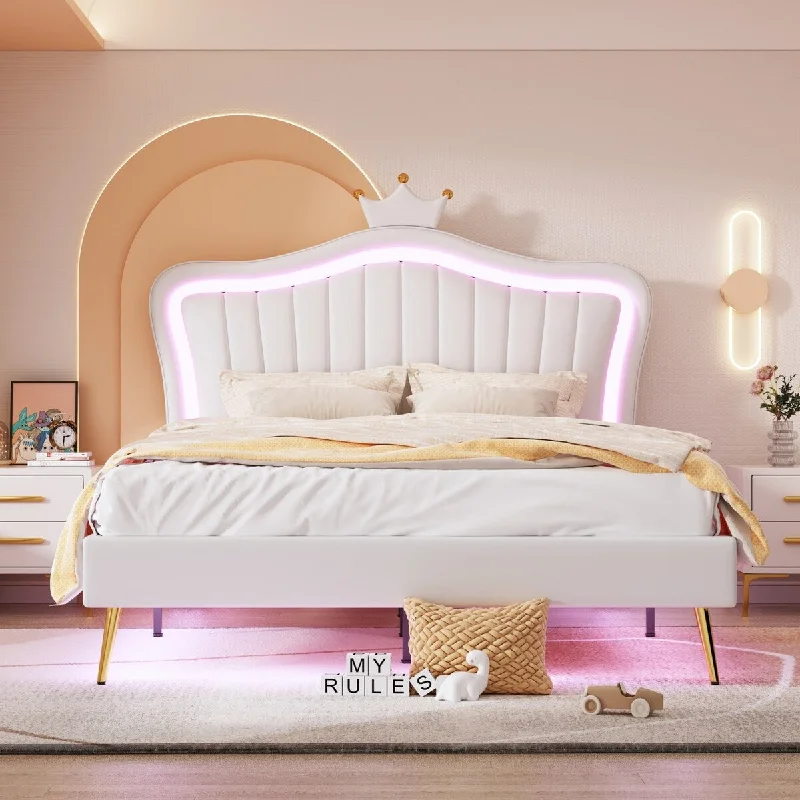 White Queen Size Upholstered Bed Frame with LED Lights,Modern Upholstered Princess Bed With Crown Headboard