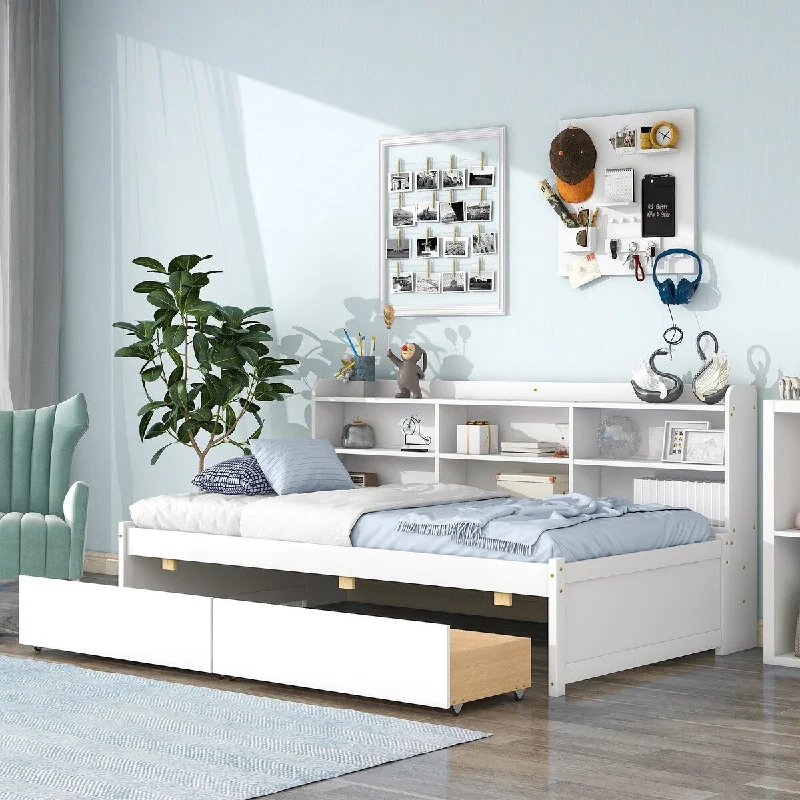 White Twin Size Bed with Side Bookcase and Storage Drawers