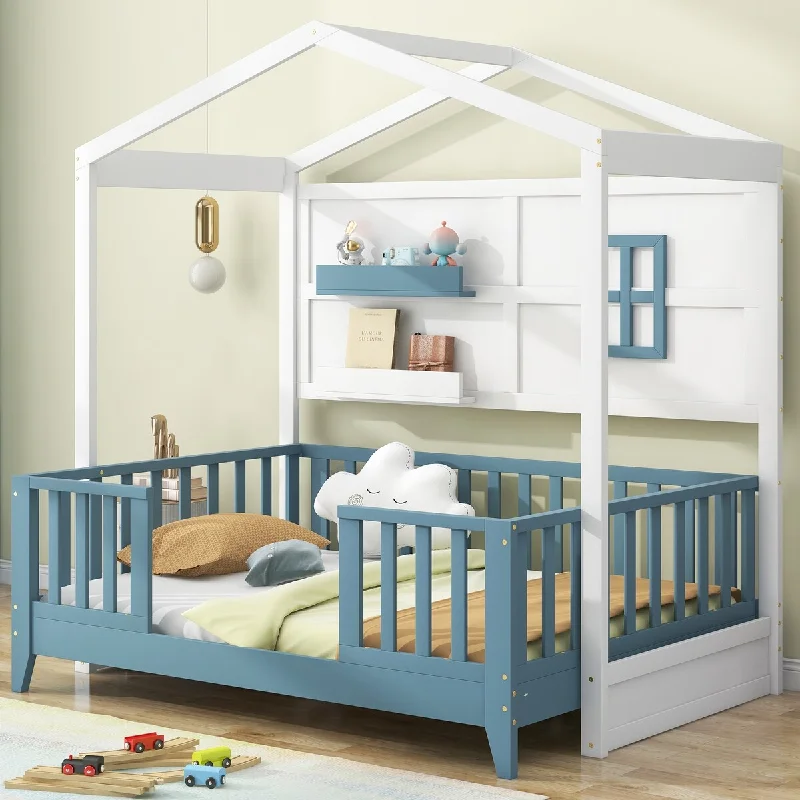 White Twin Size & Blue House Bed with Functional Shelves