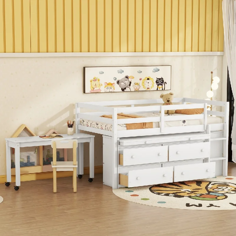 White Twin Size Loft Bed with Retractable Writing Desk and Additional Drawers for Organized Living