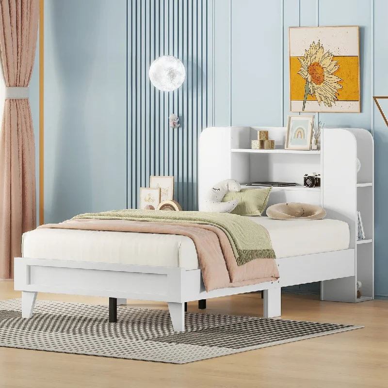 White Twin Size/ Platform Bed with Storage Headboard, / Finish, Durable Particle Board Construction, for teenagers.