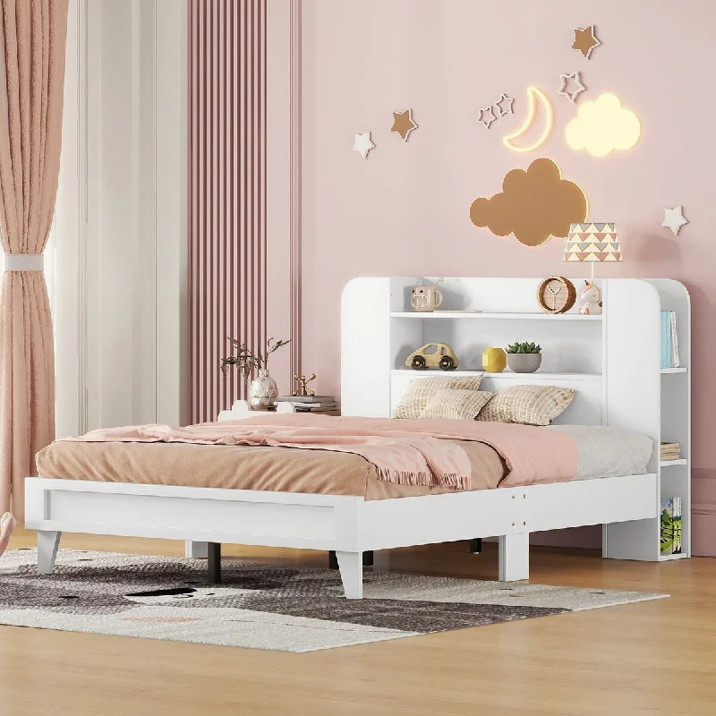 White Twin Size Platform Bed with Storage Headboard,Size Constructed from Durable Particle Board, Suitable for Teenagers