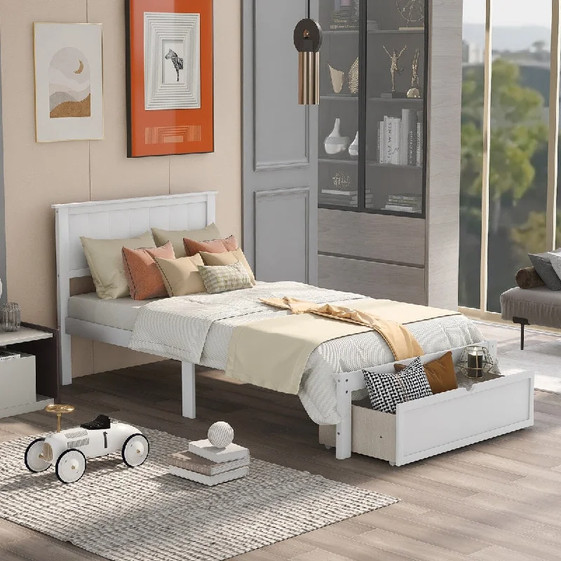 White Twin Size Platform Bed with Under-bed Drawers - Pine Wood and MDF Construction