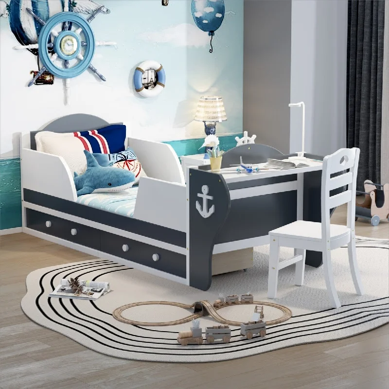 White Twin Size Wood Boat-Shaped Platform Bed with Storage Drawers