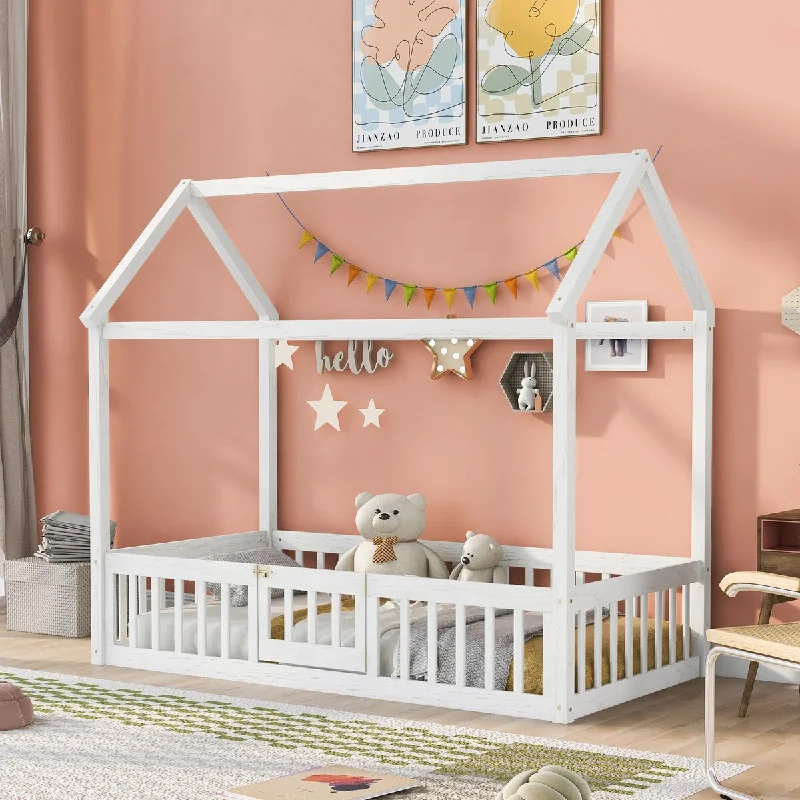 White Twin Size/ Wood House Bed with Fence, Door, and Roof - Enclosed Play Area for Kids