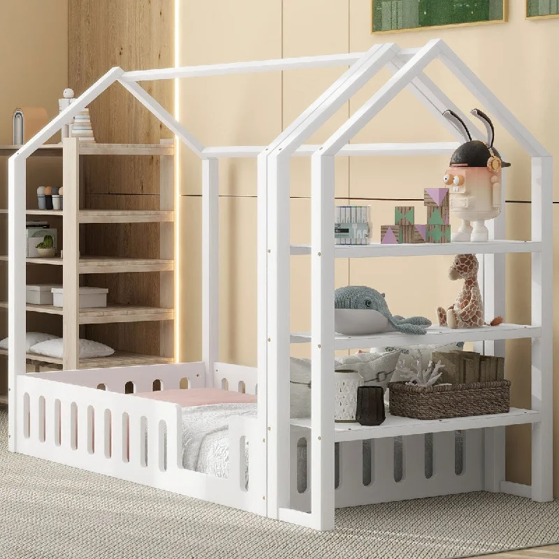 White Twin Size Wood Kid's House Bed with Fence and Storage Shelves - Two Colors