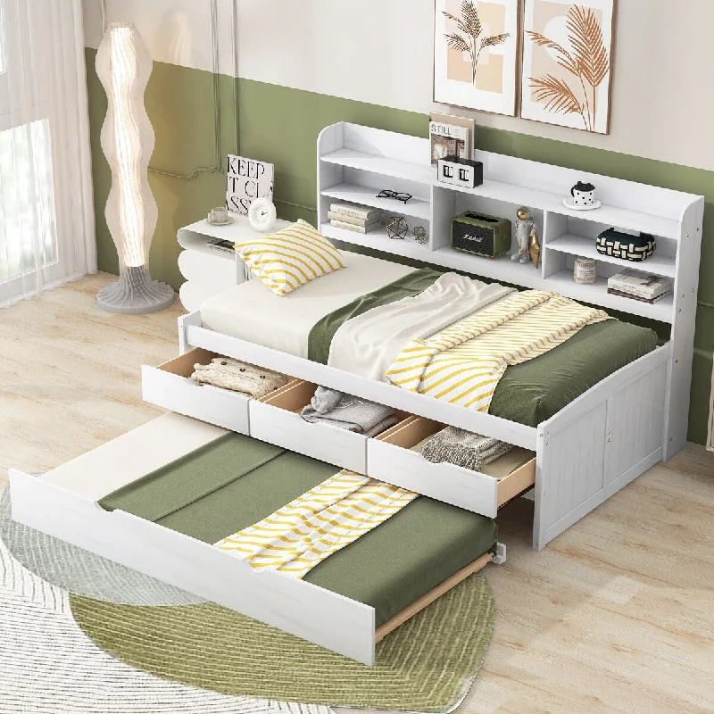 White Twin Size Wooden Captain Bed with Built-in Bookshelves for Organized Storage