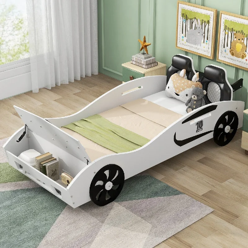 White Twin SizeAdorable Race Car-Shaped Platform Bed with Storage - Pine